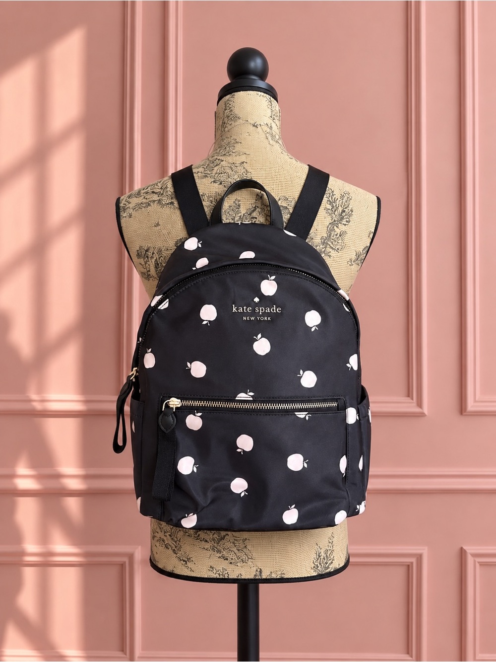 Kate Spade Chelsea Orchard Black Backpack with Apple Print